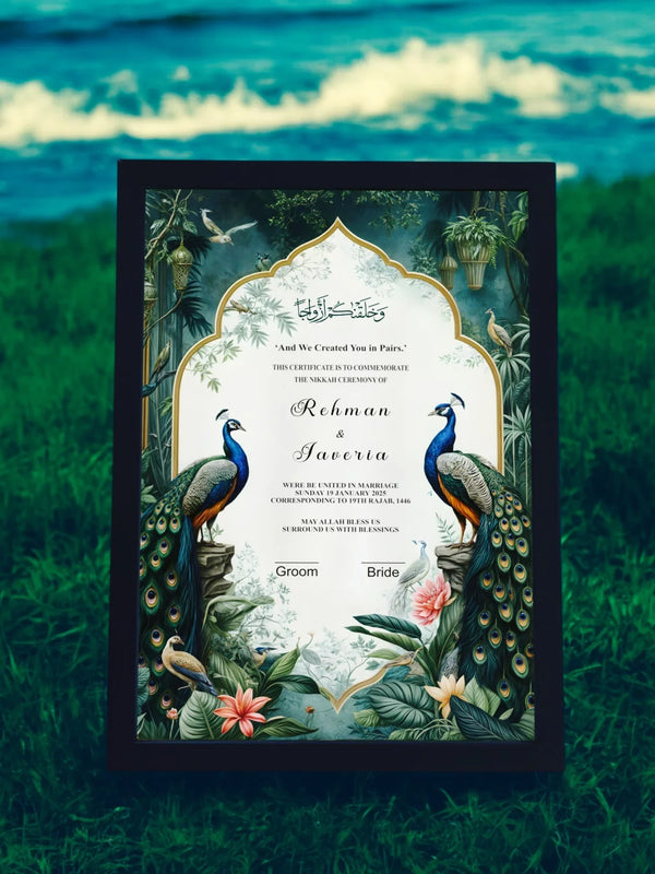 Peacock Love Nikah Frame – Luxury Personalized Wedding Gift