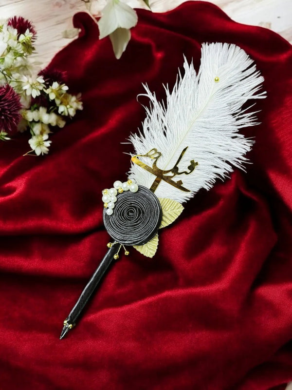 Luxury Black Ribbon & Golden Petals Ostrich Fur Pen